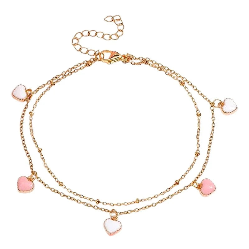 Chaîne de cheville en acier inoxydable chaîne satellite cœur nacre rose et blanc