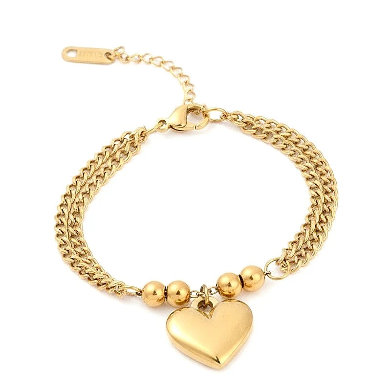 Bracelet en acier inoxydable double chaîne gourmette et breloque cœur