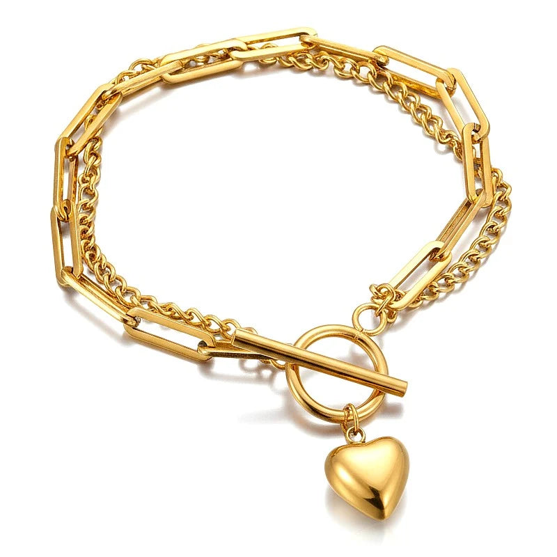 Bracelet en acier inoxydable double chaîne trombone et gourmette avec breloque cœur