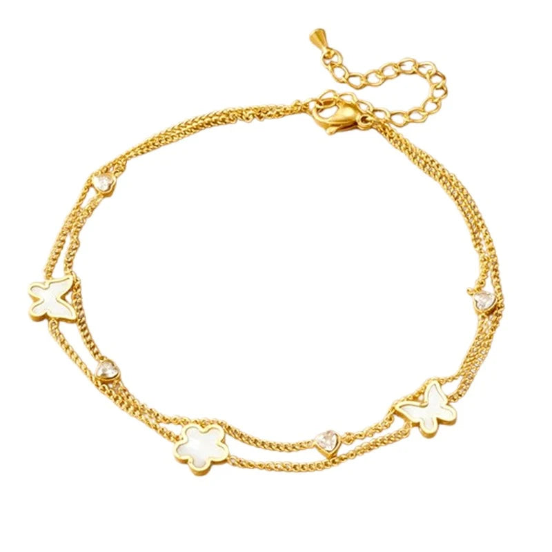 Chaîne de cheville en acier inoxydable double rangs pierres naturelles coquillage